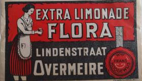 Limonadefabriek Flora etiket, met oude schrijfwijze van dorp en straat